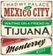 Vintage metal signs collection with Mexico cities