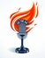 Vintage microphone on fire, hot mic in flames, studio recording music, on the air typing, vector logo or illustration, live radio