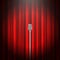 Vintage microphone on red curtain realistic vector metallic mic empty theater concert performance