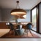 A vintage, mid-century modern dining room with Eames chairs, teak furniture, and iconic lighting3
