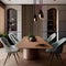 A vintage, mid-century modern dining room with Eames chairs, teak furniture, and iconic lighting5