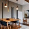 A vintage, mid-century modern dining room with Eames chairs, a teak table, and iconic lighting fixtures4, Generative AI