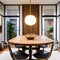 A vintage, mid-century modern dining room with iconic Eames chairs, a teak dining table, and vintage light fixtures4, Generative
