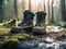 Vintage military boots abandoned in a swamp, covered in dirt and mold.