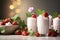 Vintage milk glass strawberry milkshake with mint and strawberries on wooden background