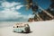 Vintage miniature van on the tropical beach at sunrise