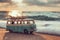 Vintage miniature van in vintage color tone, travel concept