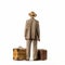 Vintage Minimalism: Man In Hat And Tan Suit With Suitcase