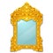 Vintage mirror with golden ornate florid frame isolated on white background. Vector cartoon close-up illustration.