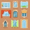 Vintage and modern windows set in different styles and forms. Window frames exterior view