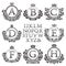 Vintage monogram kit. Black patterned letters and floral coat of arms frames for creating initial logo in antique style