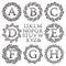 Vintage monogram kit. Black patterned letters and floral round frames for creating initial logo in victorian style