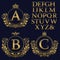 Vintage monogram kit. Golden letters and floral coat of arms frames for creating initial logo in antique style