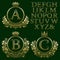 Vintage monogram kit. Golden patterned letters and floral coat of arms frames for creating initial logo in antique style