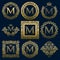 Vintage monograms set of M letter. Golden heraldic logos in wreaths, round and square frames