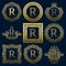 Vintage monograms set of R letter. Golden heraldic logos in wreaths, round and square frames