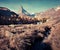 Vintage morning view of Grindjisee lake with Matterhorn / Cervino peak on background. Nice autumn scene of Swiss Alps, Zermatt res