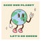 Vintage motivation poster or card design template with unhappy Earth planet character mascot. Global warming