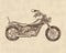 Vintage motorcycle, retro bicycle. Extreme Biker Transport in Old Style. Hand drawn Engraved Monochrome Sketch for