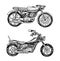 Vintage motorcycles. Collection of bicycles. Extreme Biker Transport. Retro Old Style. Hand drawn Engraved Monochrome