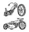 Vintage motorcycles. Collection of bicycles. Extreme Biker Transport. Retro Old Style. Hand drawn Engraved Monochrome