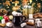 Vintage mug with many marshmallows inside, blurred lights and bokens in the background, decorated christmas setting, cuisine or