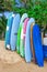 Vintage Multicolored Surfboards on Asian Ocean Beach