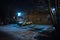 Vintage muscle car in a dark Chicago city urban alley.