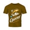 Vintage muscle car vector logo isolated on brown t-shirt mock up.