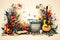 Vintage music background with guitar, books, speakers, notes and flowers with copy space