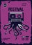 Vintage music poster . Octopus tentacles and audio cassette. Night party retro background. Dance festival template.