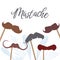 Vintage mustache facial hair mask, decorative fake whiskers on sticks, English, Dali, handlebar moustache vector poster