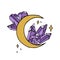 Vintage Mystic Crescent Moon with amethyst crystals colorful illustration