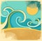 Vintage nature sea with waves and sun.Vector retro