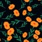 Vintage nature seamless pattern with bright orange flowe silhouettes. Black background