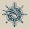 Vintage nautical emblem with a ship wheel
