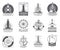 Vintage nautical labels with light house, sea boat and anchors. Old navy logos set