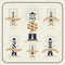 Vintage nautical lighthouse and ribbon labels set