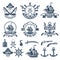 Vintage nautical and pirates labels. Monochrome logos of sea and sailing