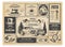 Vintage newspaper advertising. Newsprint labels with retro fonts, frames and old illustrations. Vector realistic press