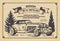 Vintage newspaper banner. Machinery manufacture poster on yellow newsprint. Hand drawn retro automobile and advertising