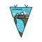 Vintage nomad explorer pennant template, adventure emblem design with mountains and river. Unusual line art retro style