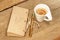 Vintage Notepad, Golden Fountain Pen and Cup of Espresso on Wood