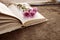 Vintage novel books with bouquet of flowers on old wood background