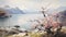 Vintage Oil Painting Of Blossoms Atop A Tranquil Coastal Mountain