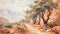Vintage Oil Painting Of Desert Landscape With Trees And Rocks