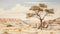 Vintage Oil Painting Of Lone Desert Oak In Monumental Mural Style