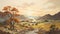 Vintage Oil Painting Of A Romanticized Watercolor River And Hills