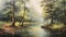 Vintage Oil Painting Of A Serene River In A Forest