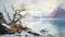 Vintage Oil Painting Of Trees And Mountains On Frozen Lake